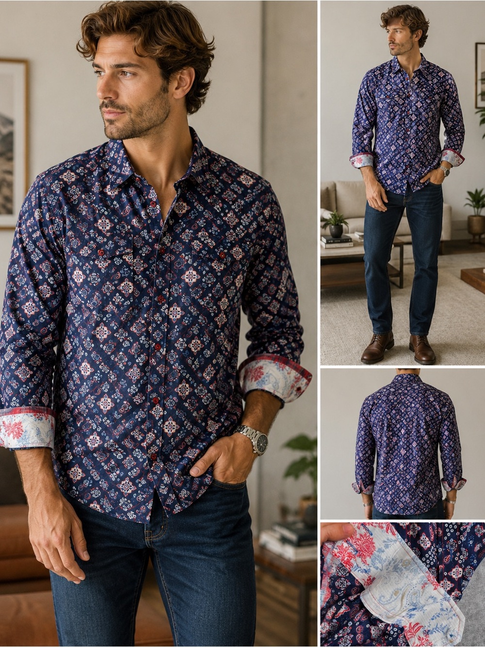 Georg Roth Los Angeles Medallion Paisley Print Button Up Shirt L Navy